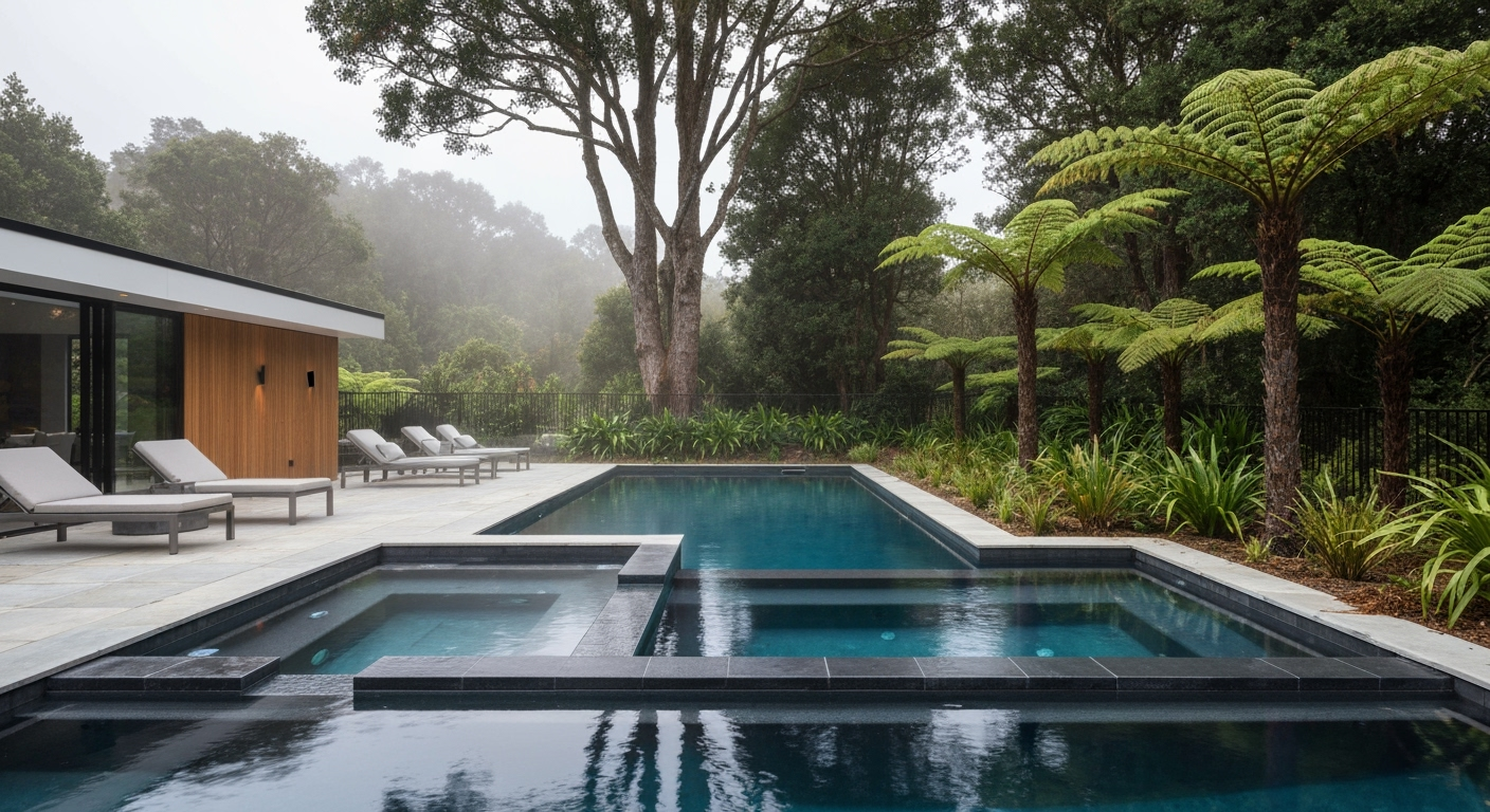 Luxury concrete pool nestled in native New Zealand landscape with sophisticated natural integration