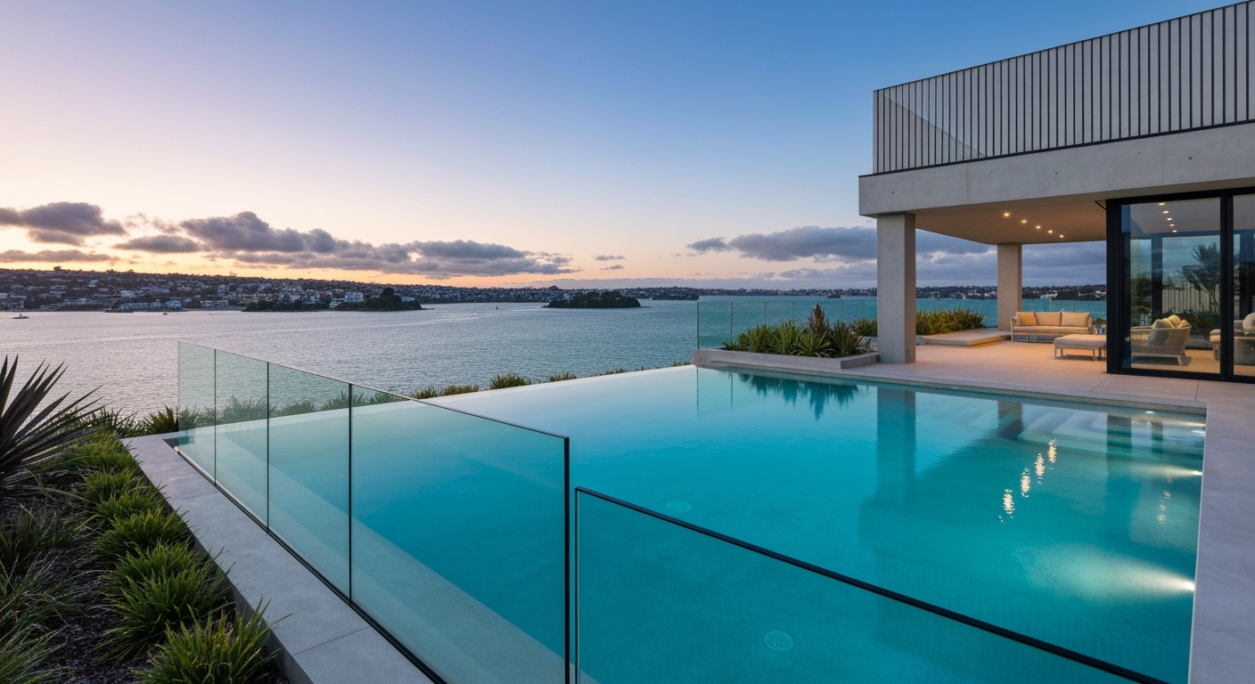 Ultra-luxury infinity pool overlooking stunning New Zealand harbour